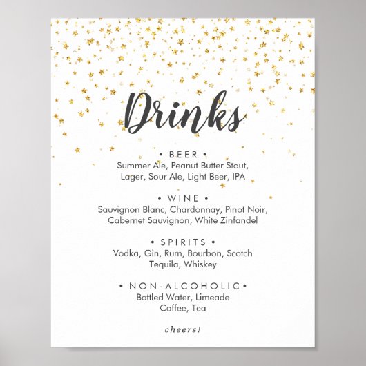 Gold Confetti Wedding Drinks Menu Sign ポスター (正面)