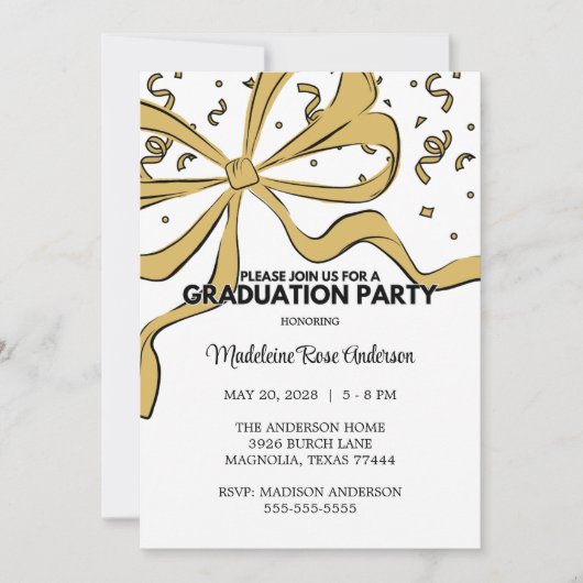 Gold Coquette Bow Girl Photo Graduation 招待状 (正面)