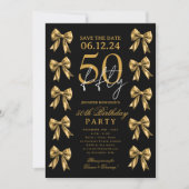 Gold Coquette Bow Save Date 50th Birthday Party 招待状 (正面)