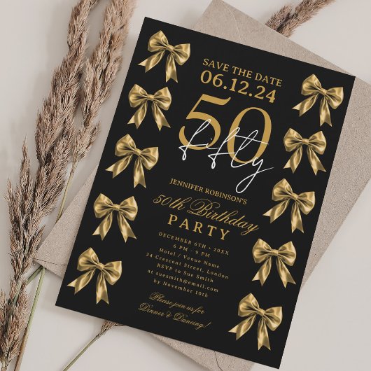 Gold Coquette Bow Save Date 50th Birthday Party 招待状