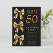 Gold Coquette Bow Save The Date 50th Birthday  招待状 (スタンド正面)
