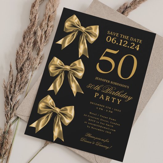 Gold Coquette Bow Save The Date 50th Birthday  招待状