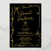 Gold Coquette bows ribbons illustrations Sweet 16 箔招待状 (正面)