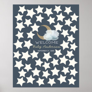 Gold Crescent Moon Midnight Blue Guest Book Sign ポスター