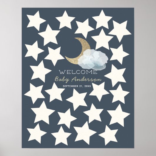 Gold Crescent Moon Midnight Blue Guest Book Sign ポスター (正面)