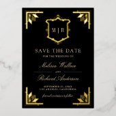 Gold Crest Black Wedding Save the Date 箔招待状 (正面)