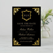 Gold Crest Black Wedding Save the Date 箔招待状 (立ち正面)