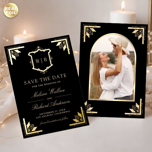 Gold Crest Black Wedding Save the Date 箔招待状