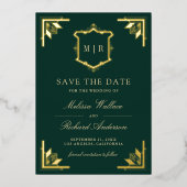 Gold Crest Emerald Green Wedding Save the Date 箔招待状 (正面)