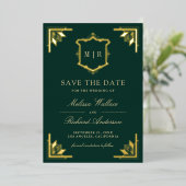 Gold Crest Emerald Green Wedding Save the Date 箔招待状 (立ち正面)