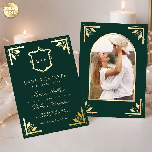 Gold Crest Emerald Green Wedding Save the Date 箔招待状