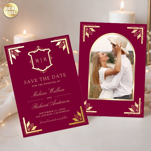 Gold Crest Magenta Pink Wedding Save the Date 箔招待状