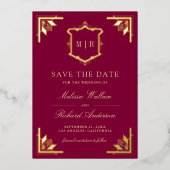 Gold Crest Magenta Pink Wedding Save the Date 箔招待状 (正面)