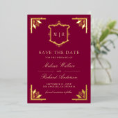 Gold Crest Magenta Pink Wedding Save the Date 箔招待状 (立ち正面)