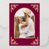 Gold Crest Magenta Pink Wedding Save the Date 箔招待状 (裏面)