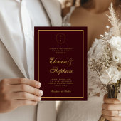 Gold Crest Monogram Burgundy All in One Wedding 招待状