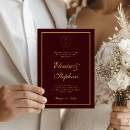 Gold Crest Monogram Burgundy All in One Wedding 招待状