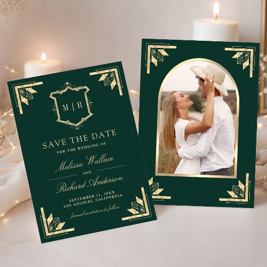 Gold Crest Monogram Photo Emerald Green Wedding セーブザデート