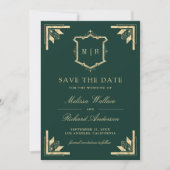 Gold Crest Monogram Photo Emerald Green Wedding セーブザデート (正面)