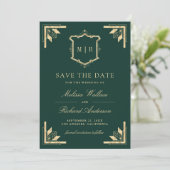 Gold Crest Monogram Photo Emerald Green Wedding セーブザデート (スタンド正面)
