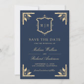 Gold Crest Monogram Photo Navy Blue Wedding セーブザデート (正面)