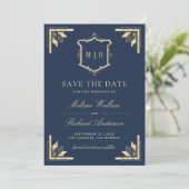 Gold Crest Monogram Photo Navy Blue Wedding セーブザデート (スタンド正面)