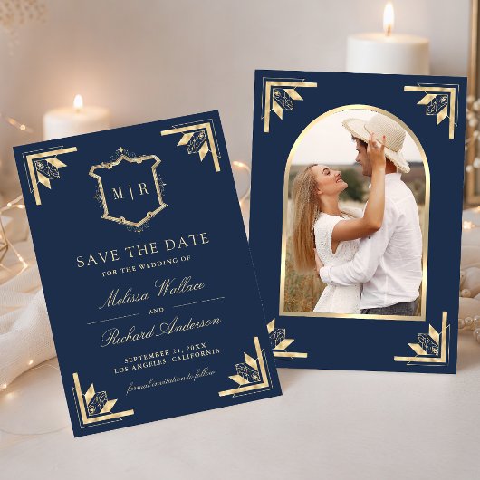 Gold Crest Monogram Photo Navy Blue Wedding セーブザデート