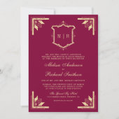 Gold Crest Monogram QR Code Magenta Wedding 招待状 (正面)