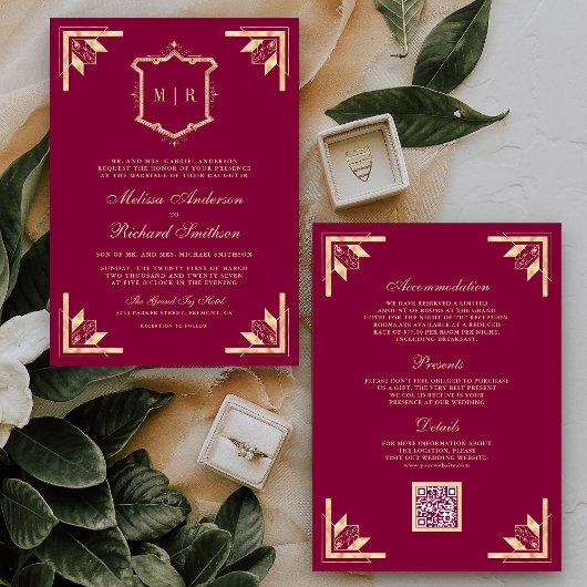 Gold Crest Monogram QR Code Magenta Wedding 招待状