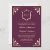 Gold Crest Monogram QR Code Plum Purple Wedding 招待状 (正面)