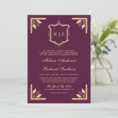 Gold Crest Monogram QR Code Plum Purple Wedding 招待状 (スタンド正面)