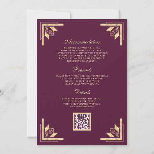 Gold Crest Monogram QR Code Plum Purple Wedding 招待状 (裏面)