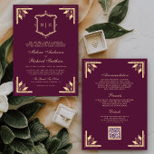 Gold Crest Monogram QR Code Plum Purple Wedding 招待状