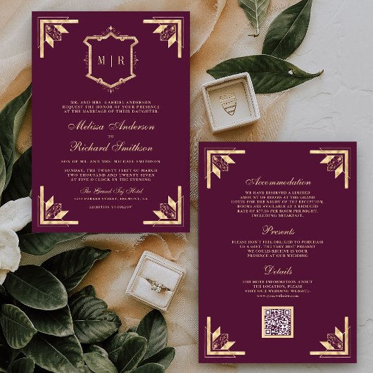 Gold Crest Monogram QR Code Plum Purple Wedding 招待状