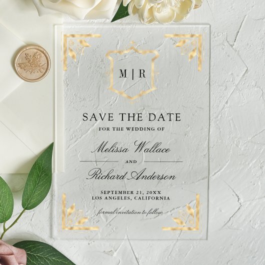Gold Crest Monogram Wedding Save the Date アクリル招待状