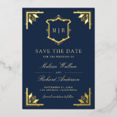 Gold Crest Navy Blue Wedding Save the Date 箔招待状 (正面)