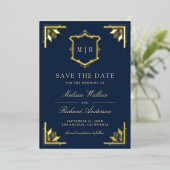 Gold Crest Navy Blue Wedding Save the Date 箔招待状 (立ち正面)
