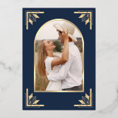 Gold Crest Navy Blue Wedding Save the Date 箔招待状 (裏面)