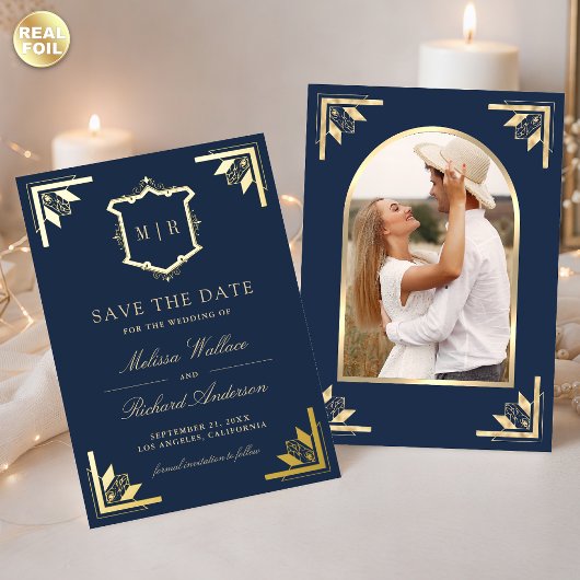 Gold Crest Navy Blue Wedding Save the Date 箔招待状
