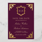Gold Crest Plum Purple Wedding Save the Date 箔招待状 (正面)