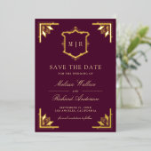 Gold Crest Plum Purple Wedding Save the Date 箔招待状 (立ち正面)