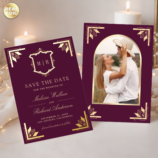 Gold Crest Plum Purple Wedding Save the Date 箔招待状