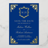 Gold Crest Royal Blue Wedding Save the Date 箔招待状 (正面)