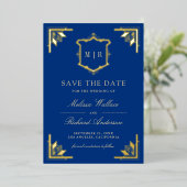 Gold Crest Royal Blue Wedding Save the Date 箔招待状 (立ち正面)