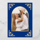 Gold Crest Royal Blue Wedding Save the Date 箔招待状 (裏面)