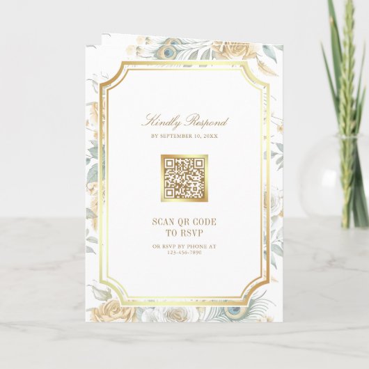 Gold Crest Royal Indian White Peacock Wedding 招待状 (裏面)