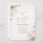 Gold Cross Blush Roses Baptism 招待状 (正面)