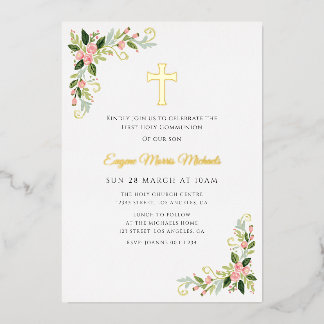 Gold cross floral first communion invitation foil  箔招待状