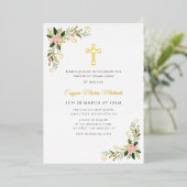 Gold cross floral first communion invitation foil  箔招待状 (立ち正面)