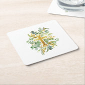 Gold Cross Floral Watercolor Baptism 1st Communion スクエアペーパーコースター (アングル)